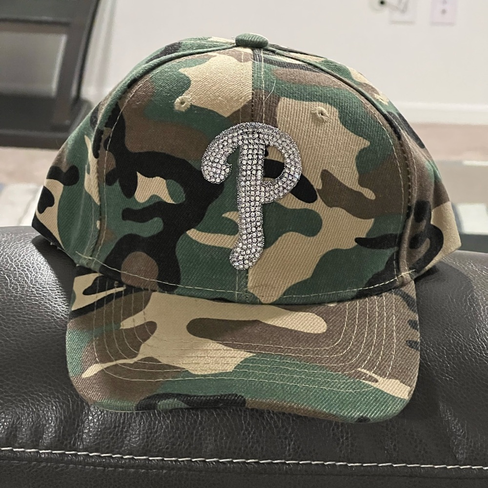 Camo Baseball Cap with Rhinestone 'P' Accent - Picture 1 of 2